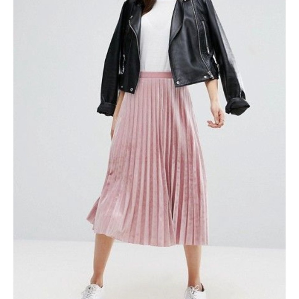 ASOS Womens Pink Velvet Pleated Midi Skirt Size 6 Accordion Pleat Dusty Rose